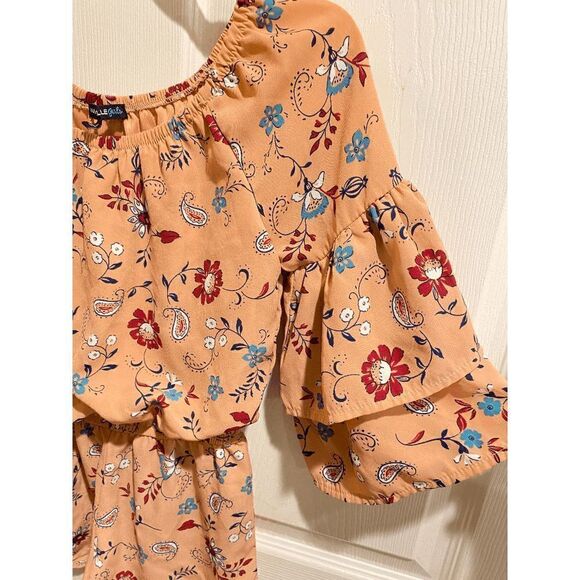 My Michelle Girls Off Shoulder Romper Orange Floral Belle Sleeve Size Small - Picture 2 of 8